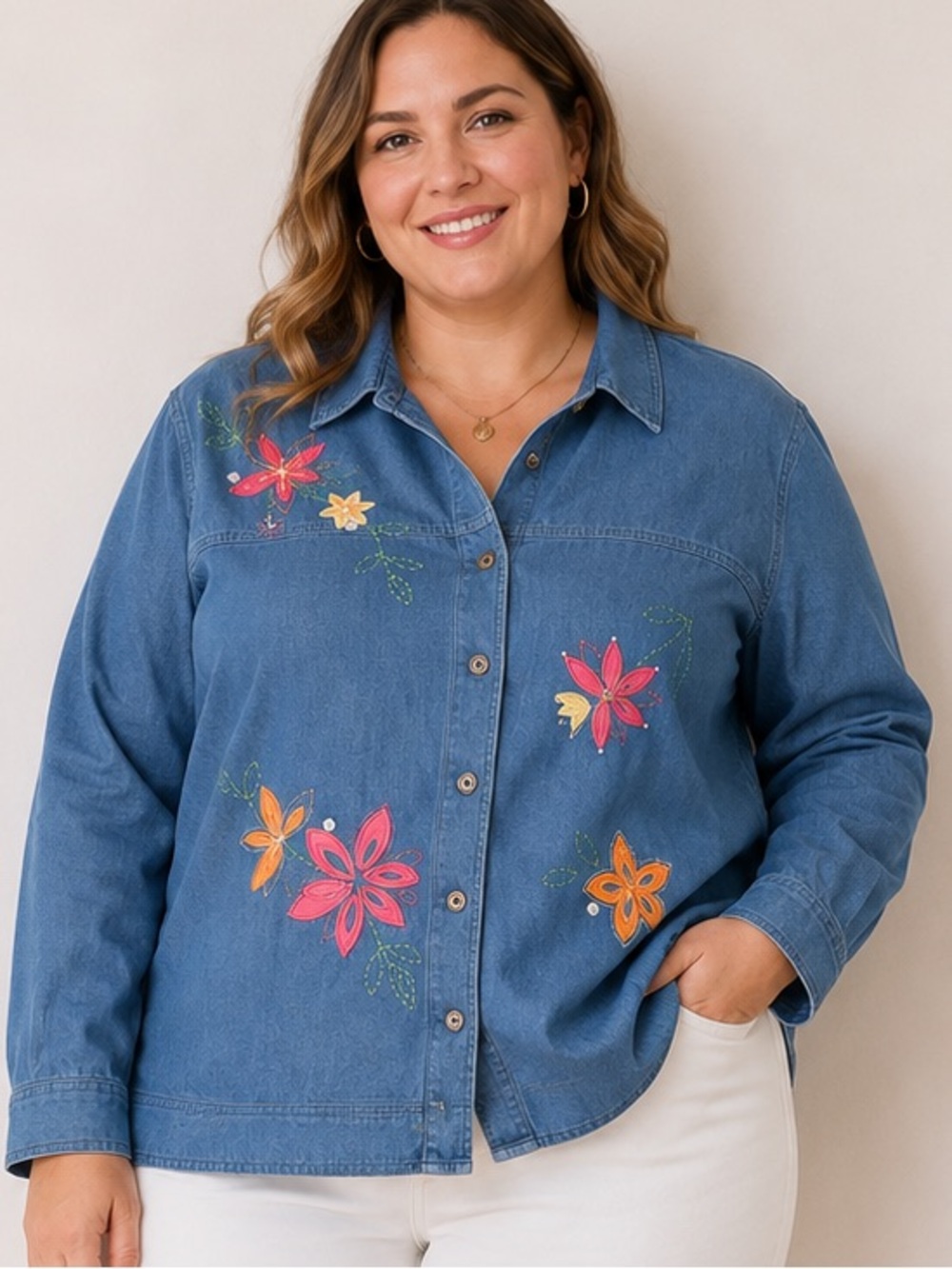 Alfred Dunner cotton blend Blue Denim Shirt with Pink & Orange Floral Embroidery